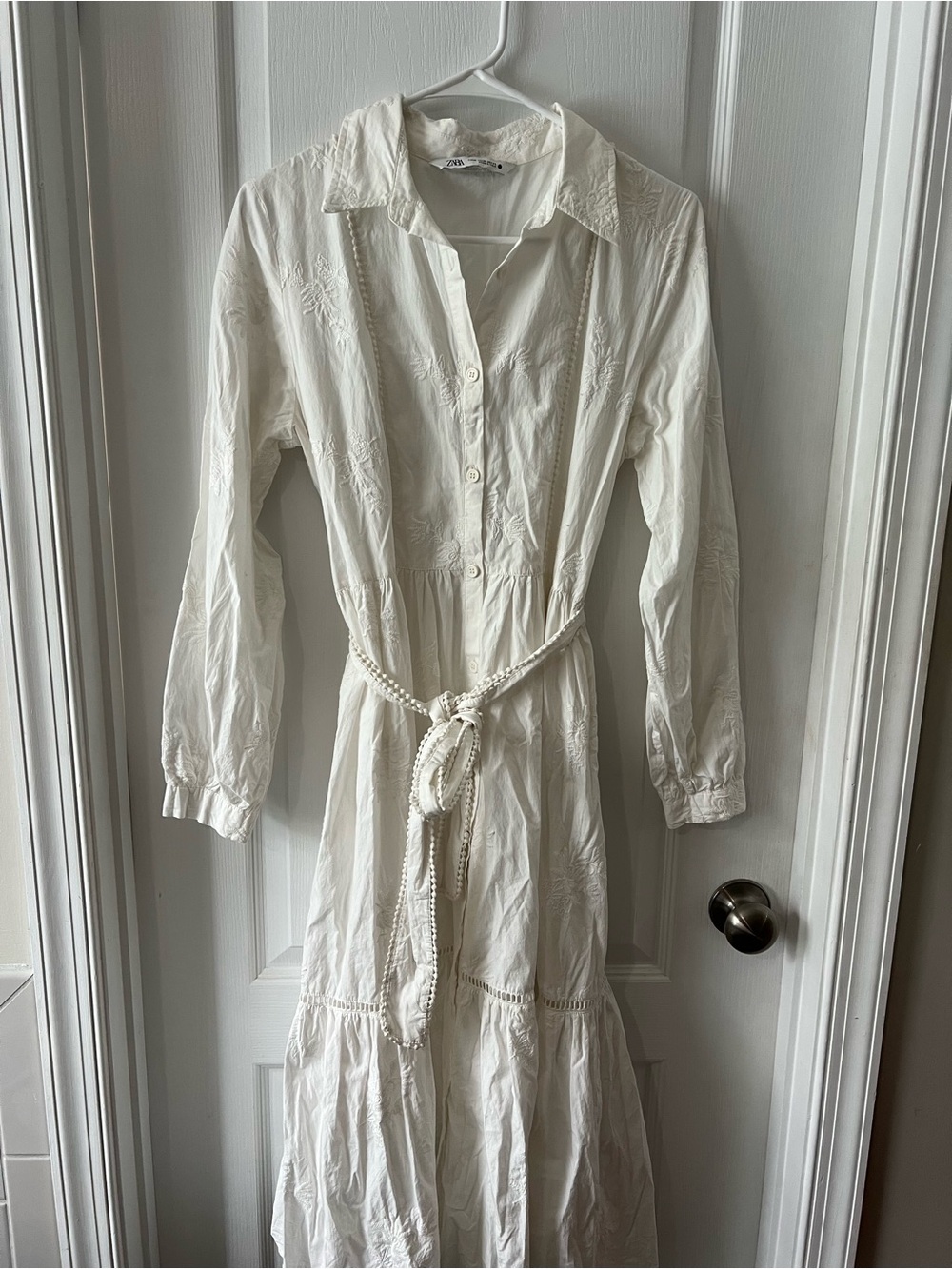 Zara White Embroidered Tie-Waist Midi  Shirt Dress